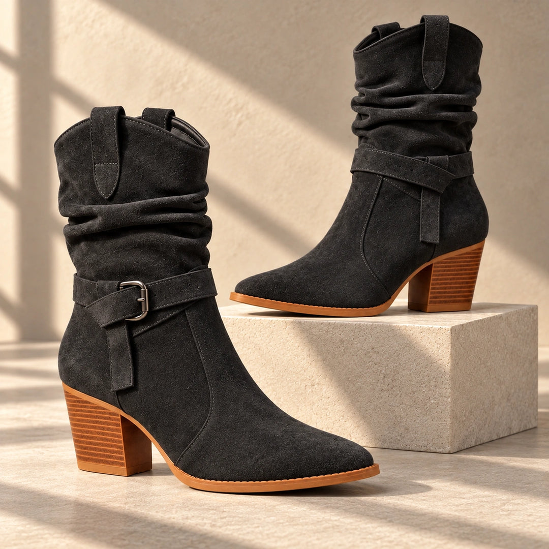 Mallory Ruched Buckle Western Mid-Calf Boots - Charcoal