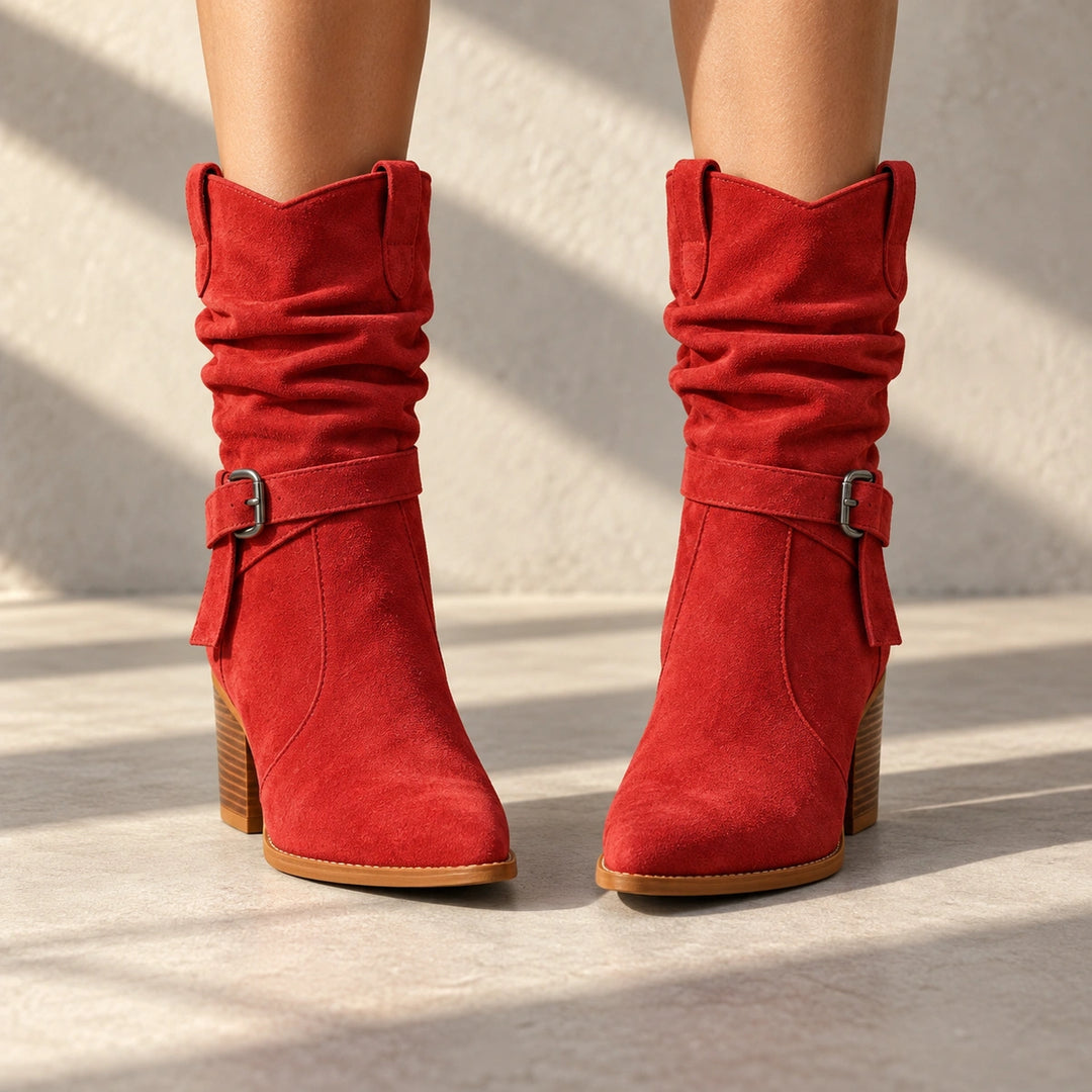 Mallory Ruched Buckle Western Mid-Calf Boots - Crimson