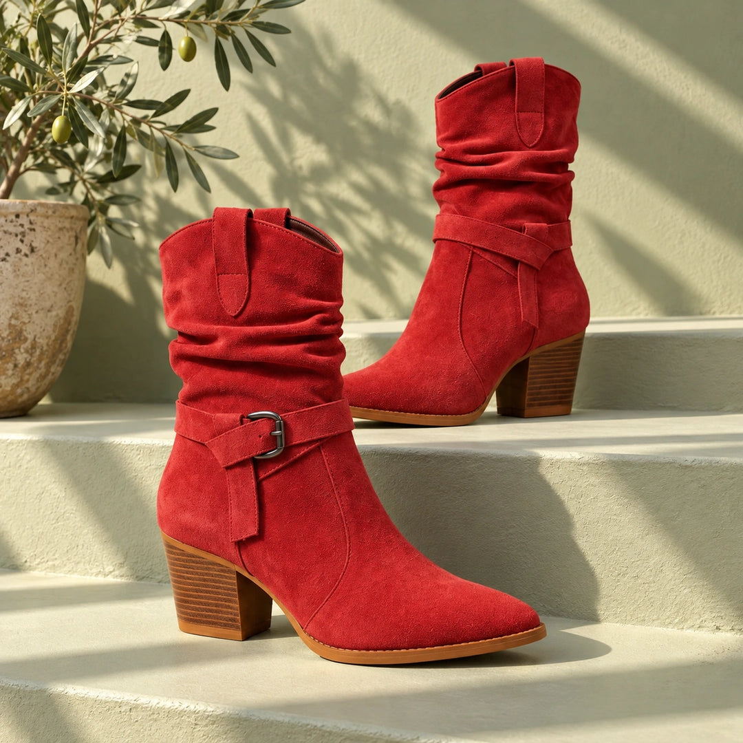Mallory Ruched Buckle Western Mid-Calf Boots - Crimson