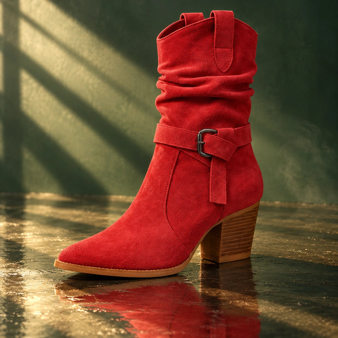 Mallory Ruched Buckle Western Mid-Calf Boots - Crimson