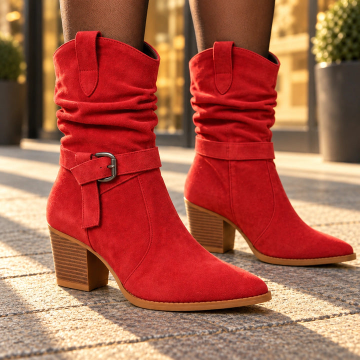 Mallory Ruched Buckle Western Mid-Calf Boots - Crimson