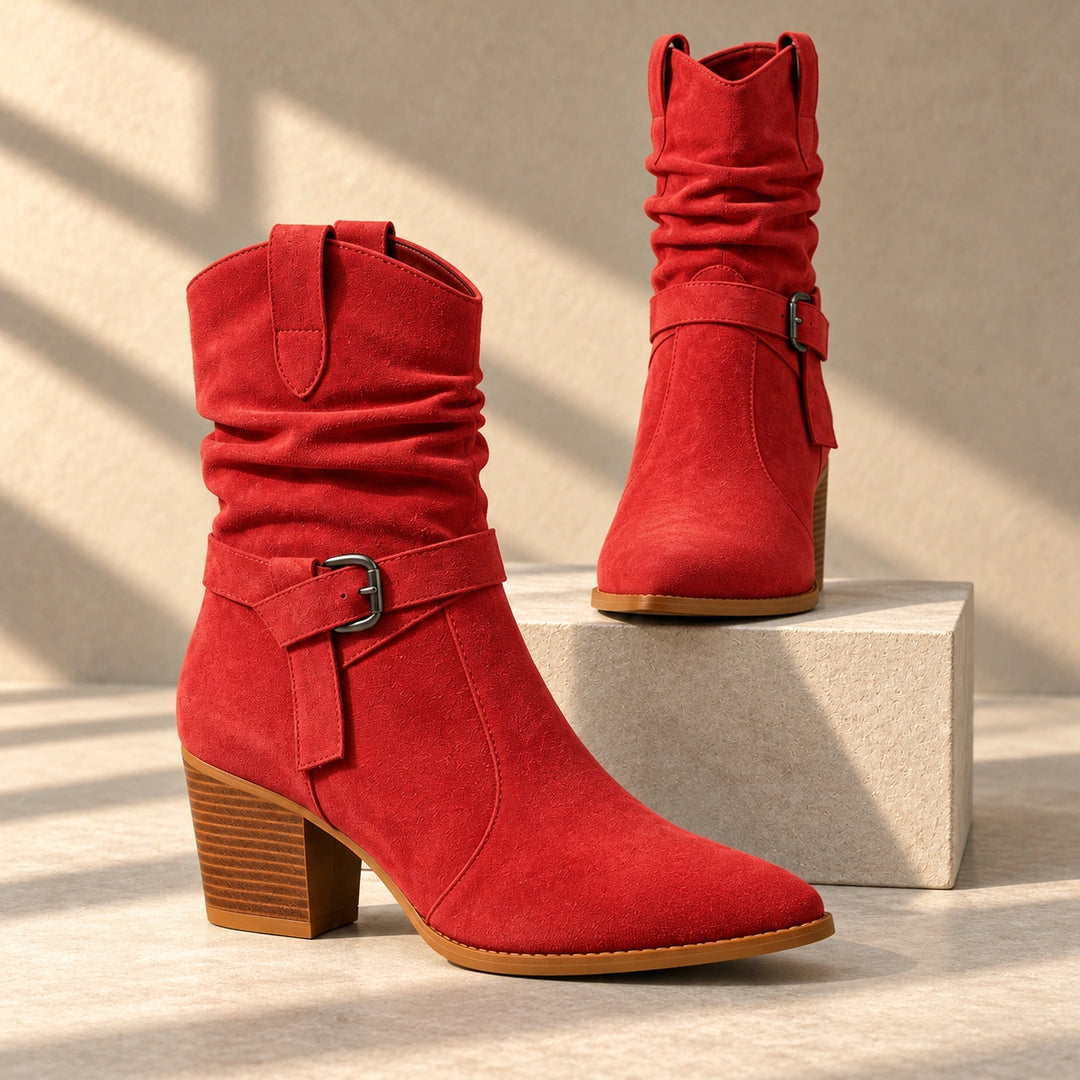 Mallory Ruched Buckle Western Mid-Calf Boots - Crimson