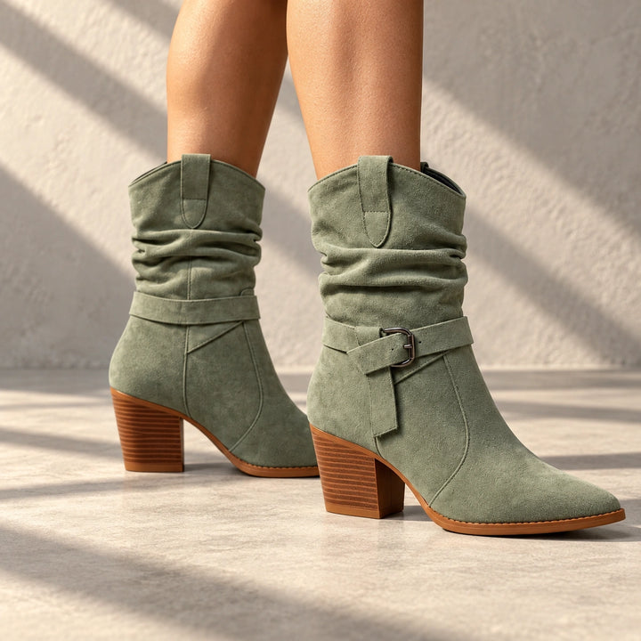 Mallory Ruched Buckle Western Mid-Calf Boots - Sea Foam