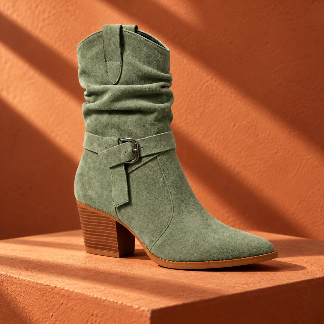 Mallory Ruched Buckle Western Mid-Calf Boots - Sea Foam