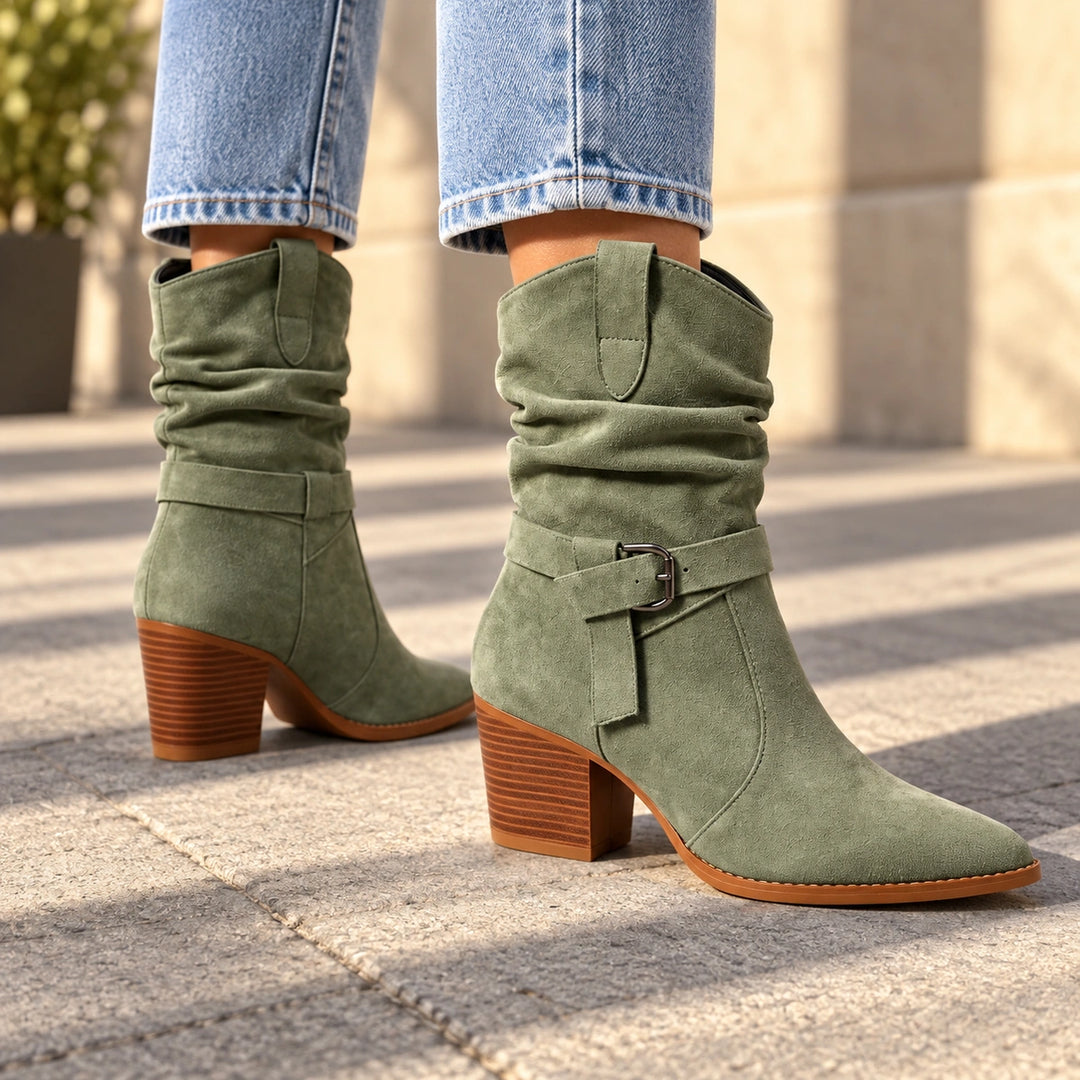 Mallory Ruched Buckle Western Mid-Calf Boots - Sea Foam