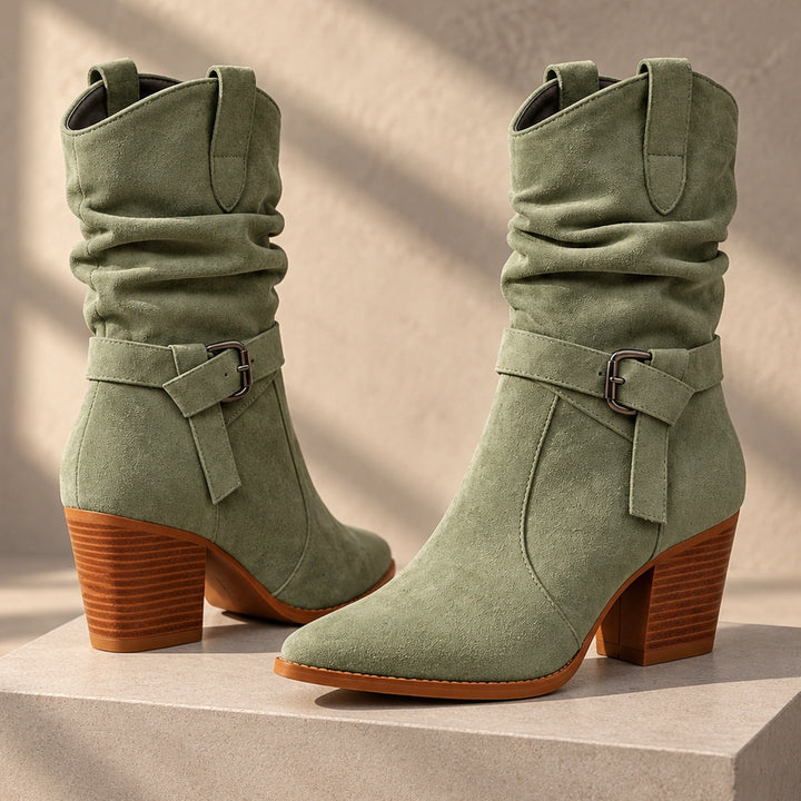 Mallory Ruched Buckle Western Mid-Calf Boots - Sea Foam