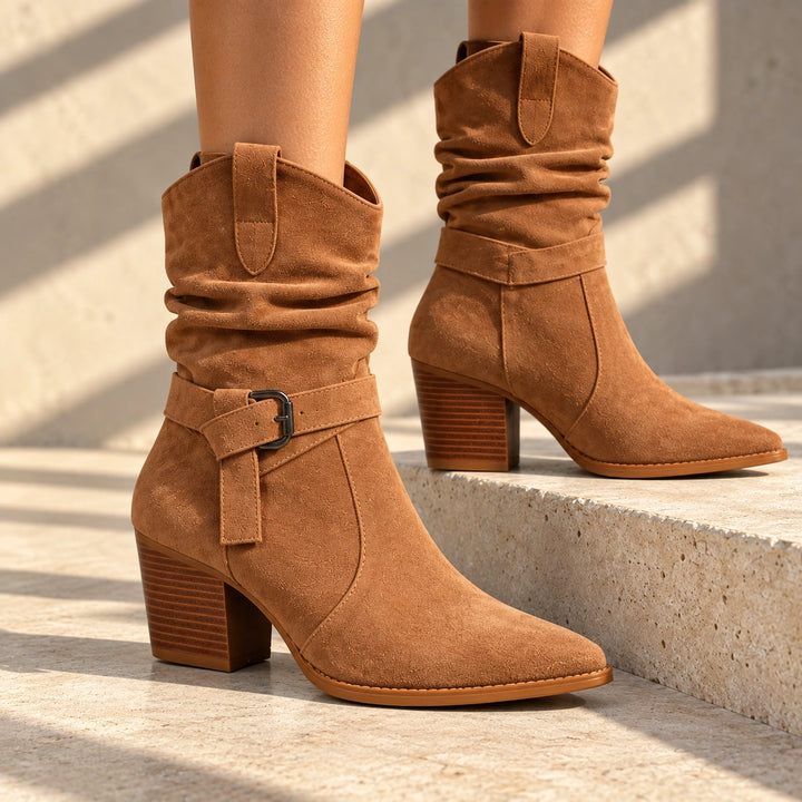 Mallory Ruched Buckle Western Mid-Calf Boots - Sienna Brown