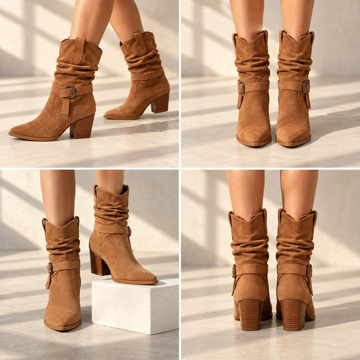 Mallory Ruched Buckle Western Mid-Calf Boots - Sienna Brown