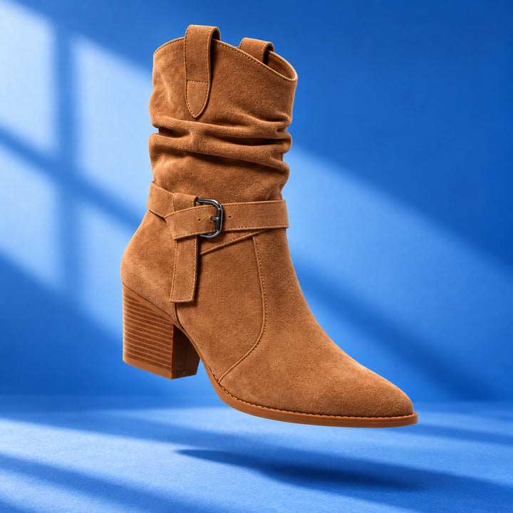 Mallory Ruched Buckle Western Mid-Calf Boots - Sienna Brown
