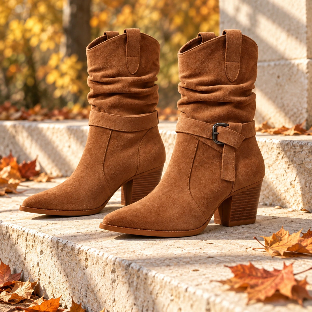 Mallory Ruched Buckle Western Mid-Calf Boots - Sienna Brown