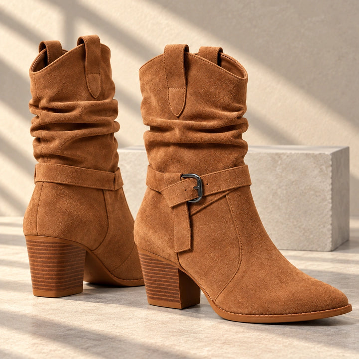 Mallory Ruched Buckle Western Mid-Calf Boots - Sienna Brown