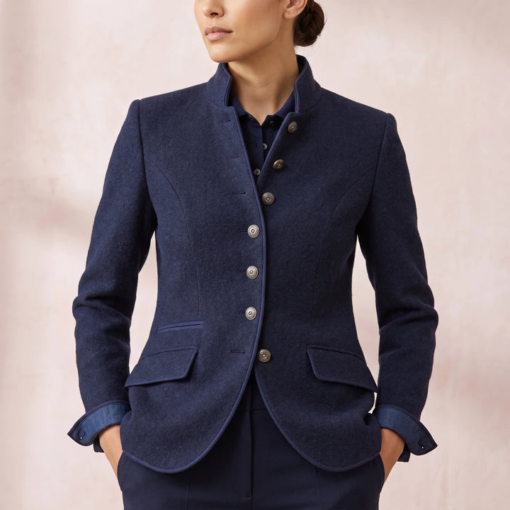Marcella Piped Stand Collar Wool Blazer - Dark Blue