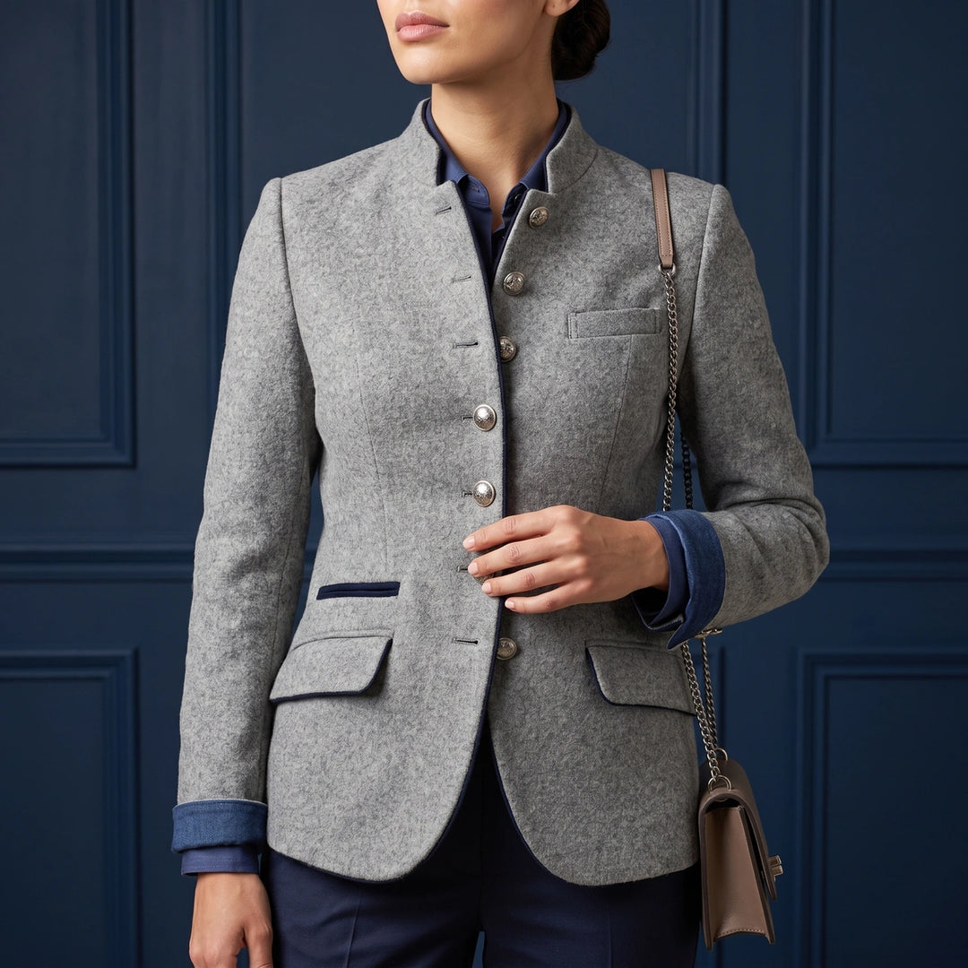 Marcella Piped Stand Collar Wool Blazer - Gray