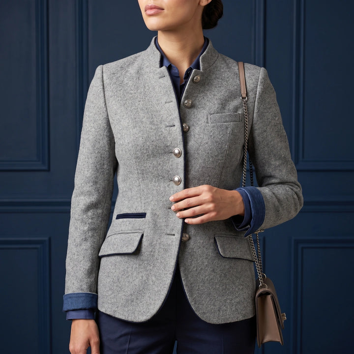 Marcella Piped Stand Collar Wool Blazer - Gray