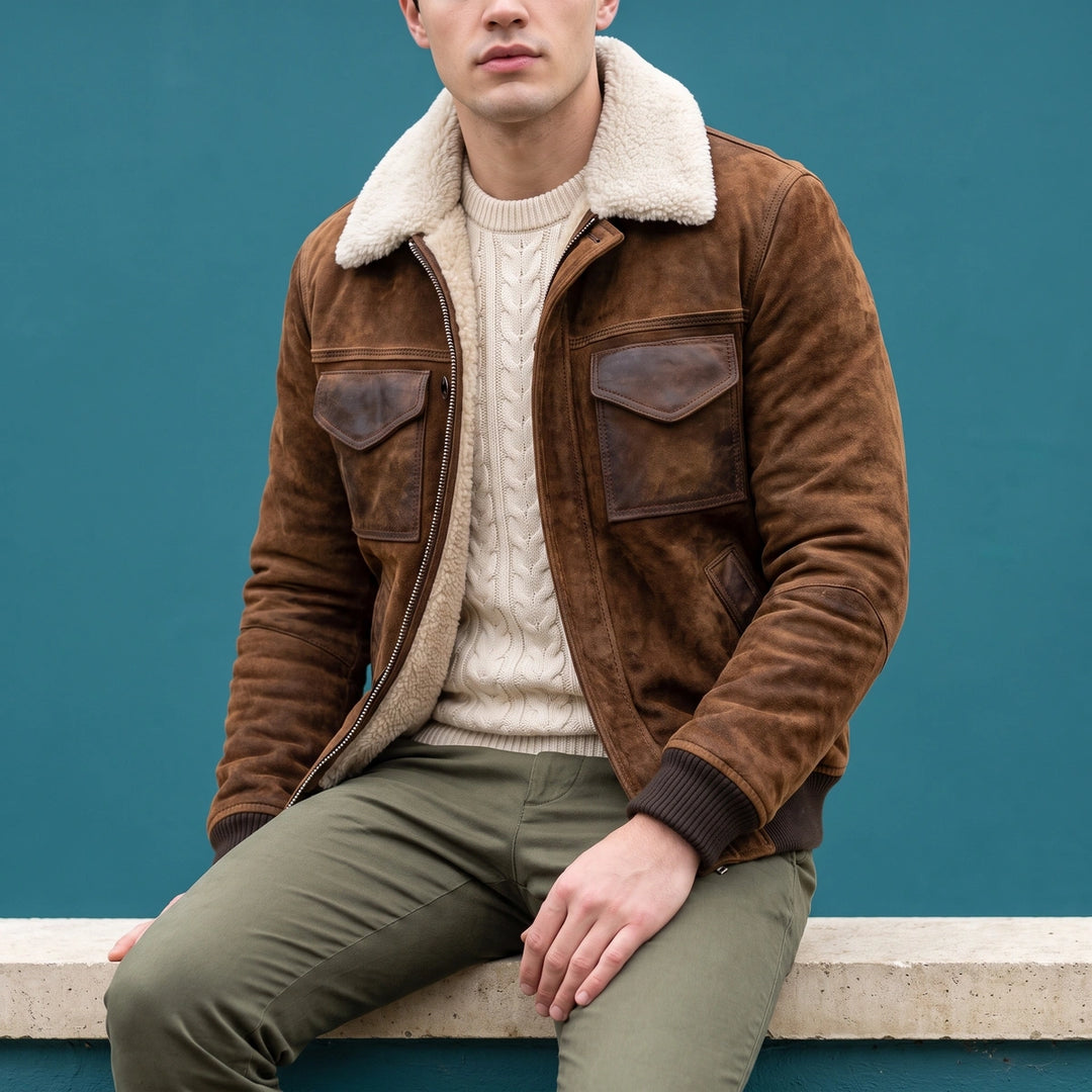 Marcellus Distressed Suede Sherpa Collar Jacket - Brown