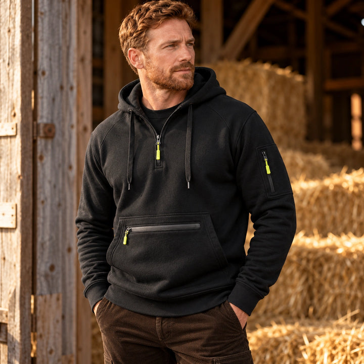 Marcus Heathered Fleece Utility Quarter Zip Hoodie - Black