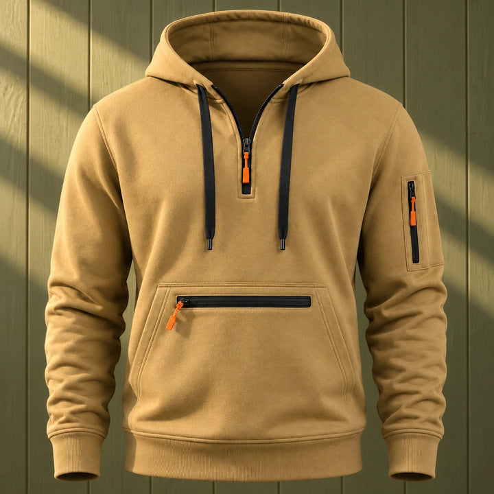 Marcus Heathered Fleece Utility Quarter Zip Hoodie - Khaki
