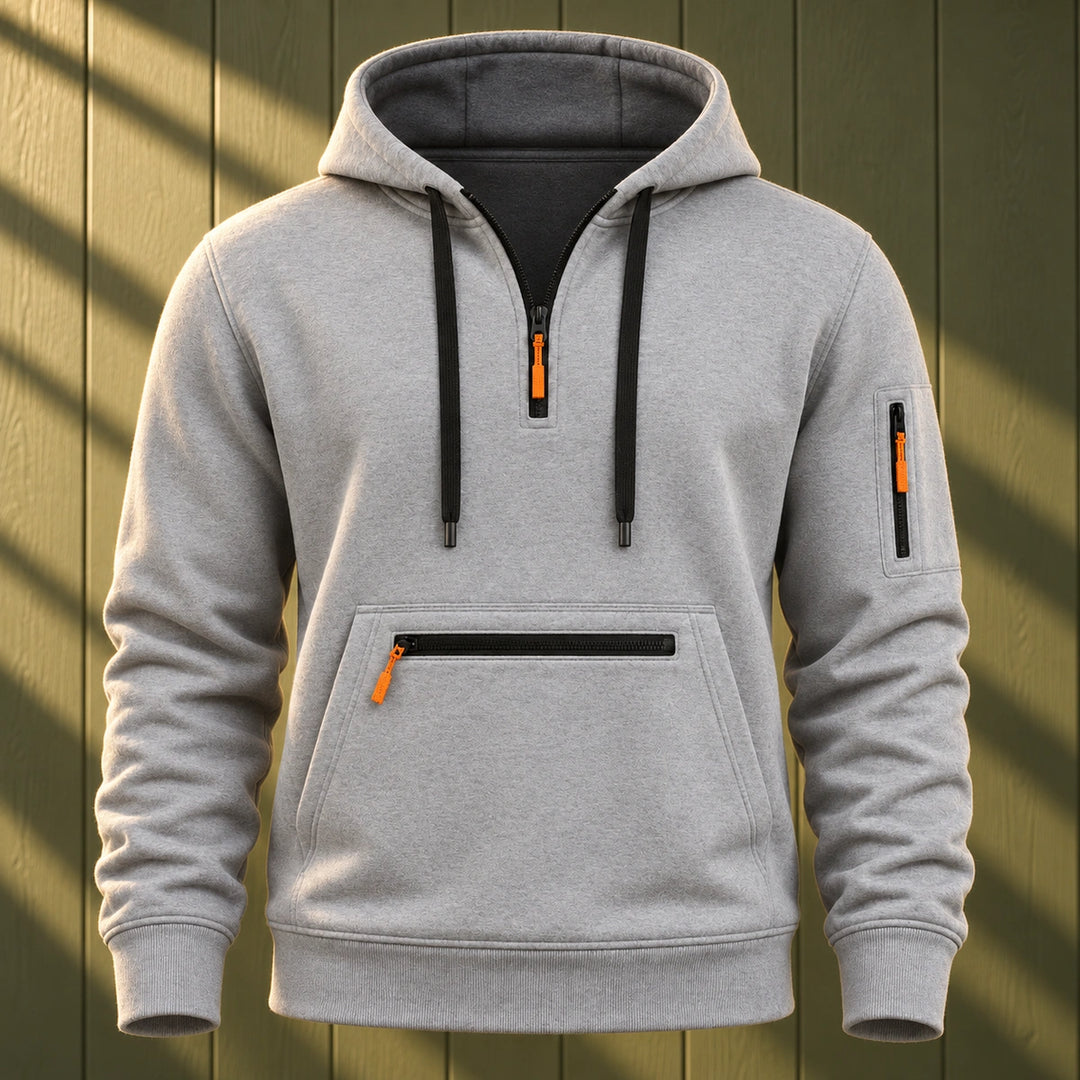 Marcus Heathered Fleece Utility Quarter Zip Hoodie - Light Grey