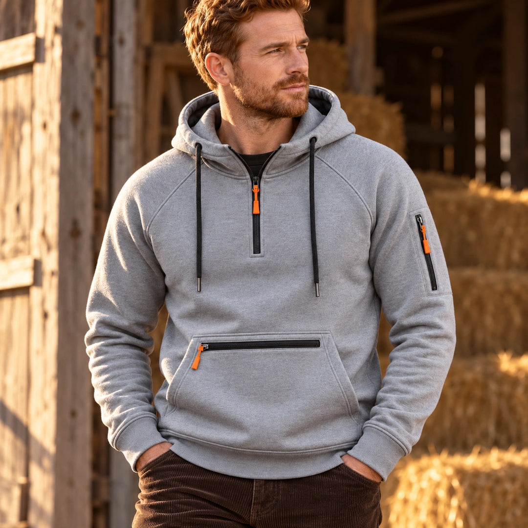 Marcus Heathered Fleece Utility Quarter Zip Hoodie - Light Grey