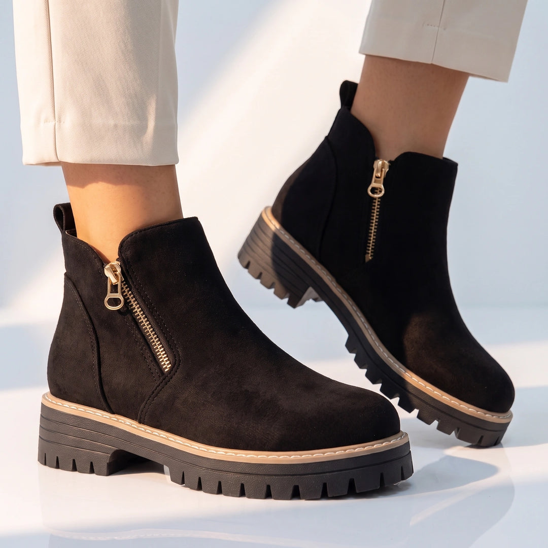Margo Side Zip Lug Sole Ankle Boots - Black