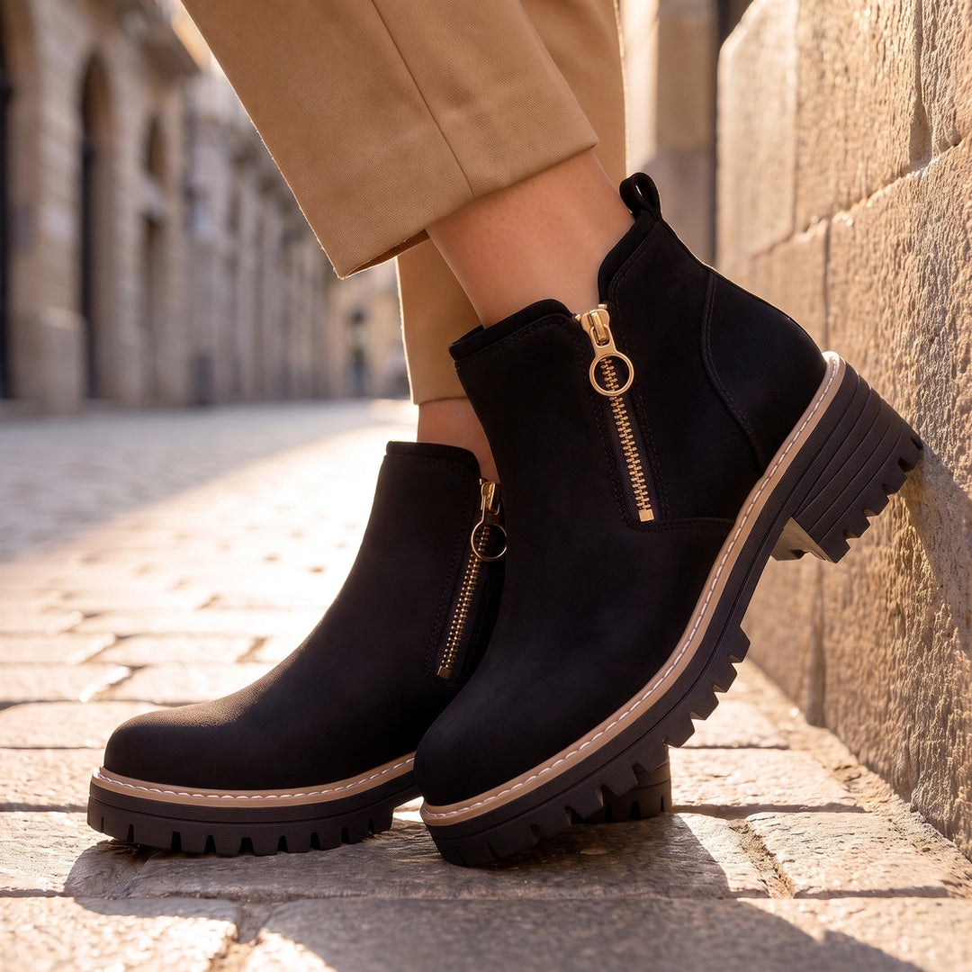 Margo Side Zip Lug Sole Ankle Boots - Black