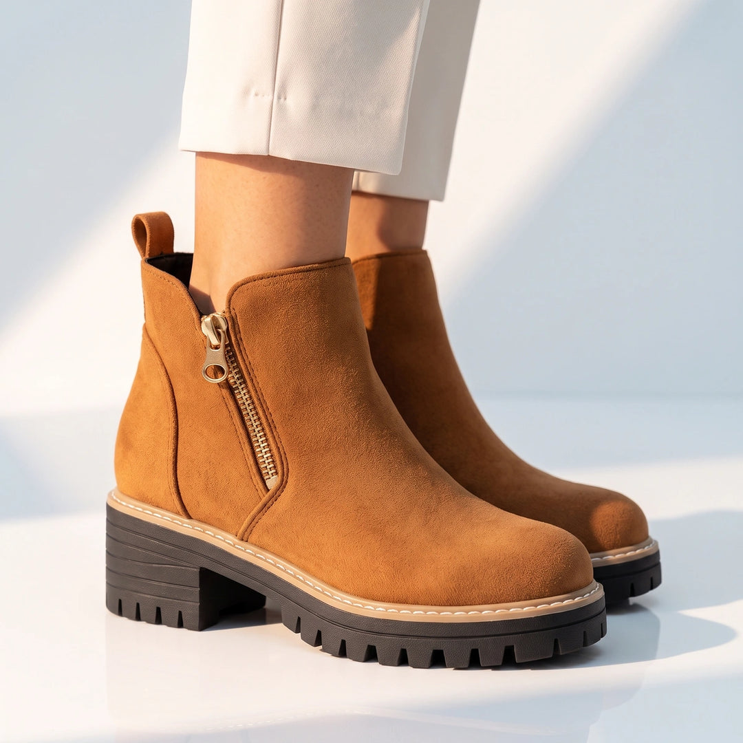 Margo Side Zip Lug Sole Ankle Boots - Brown