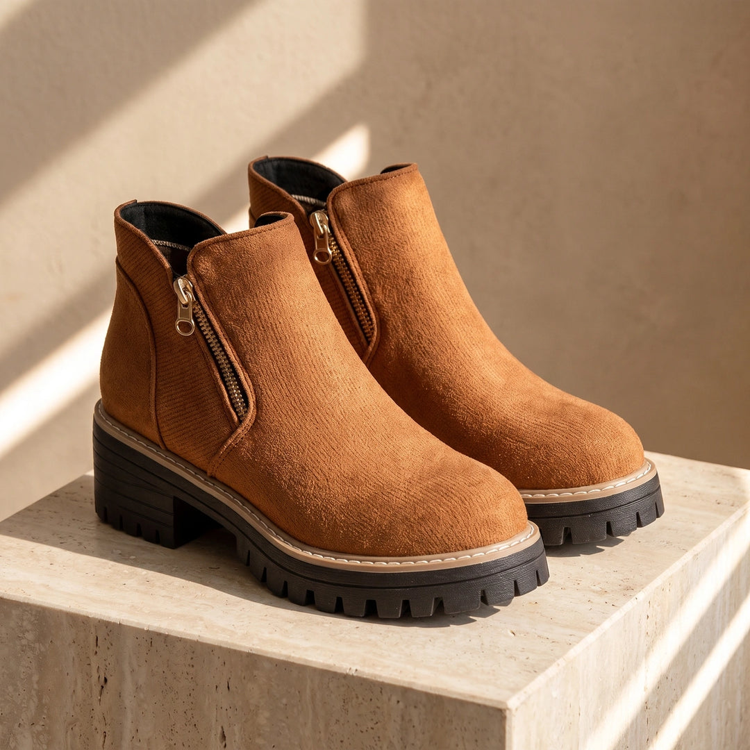 Margo Side Zip Lug Sole Ankle Boots - Brown