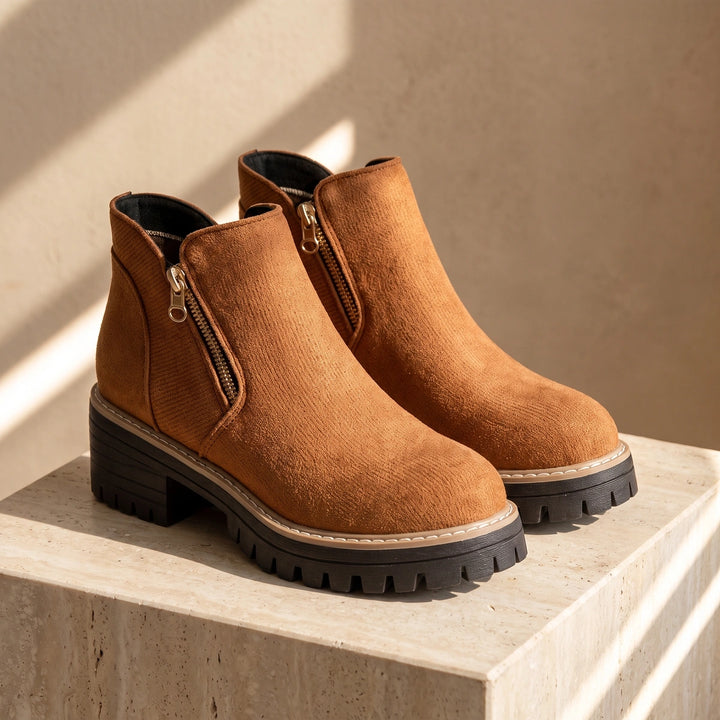 Margo Side Zip Lug Sole Ankle Boots - Brown