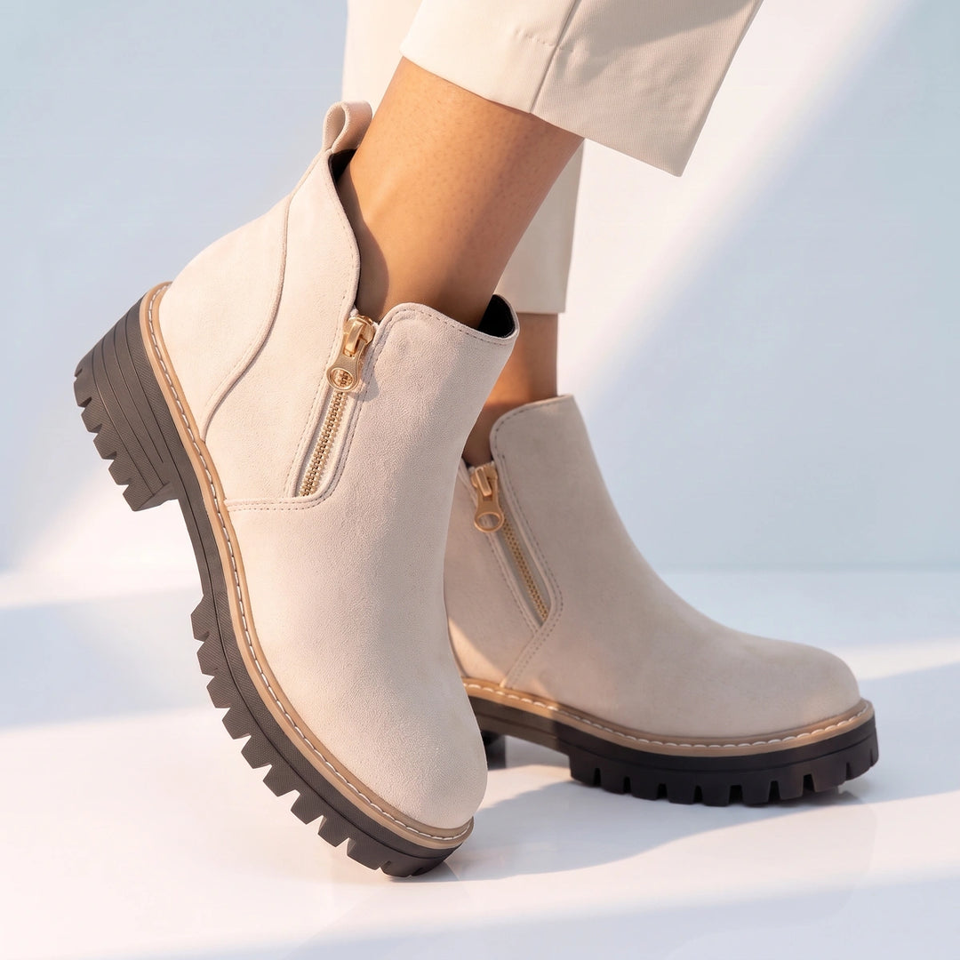 Margo Side Zip Lug Sole Ankle Boots - Cream