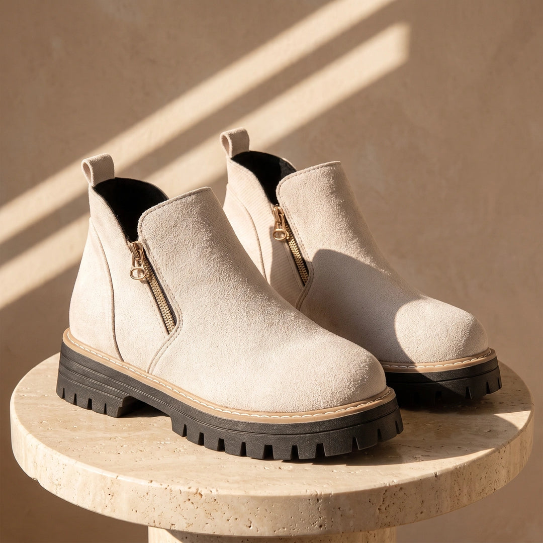 Margo Side Zip Lug Sole Ankle Boots - Cream