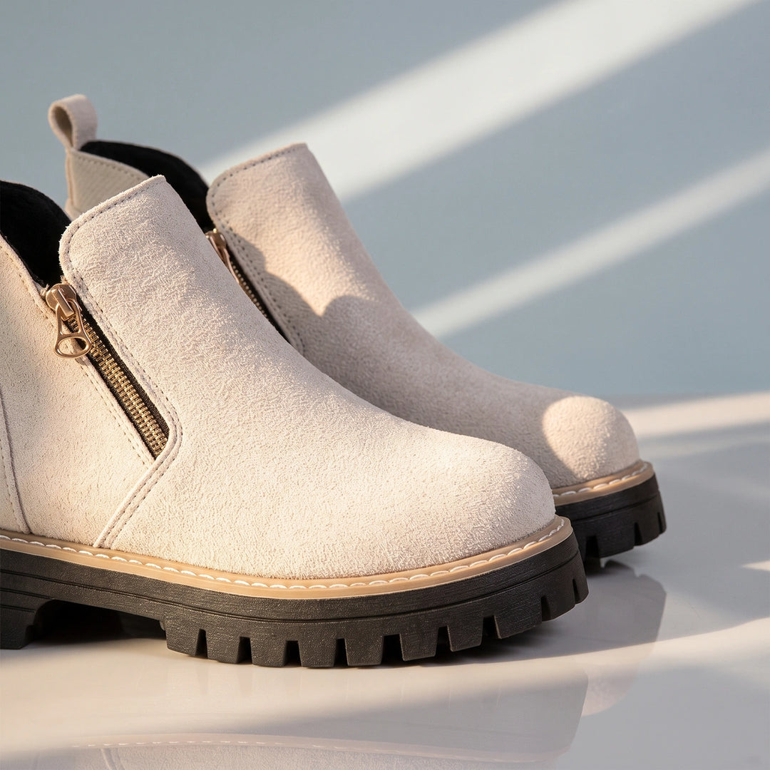 Margo Side Zip Lug Sole Ankle Boots - Cream