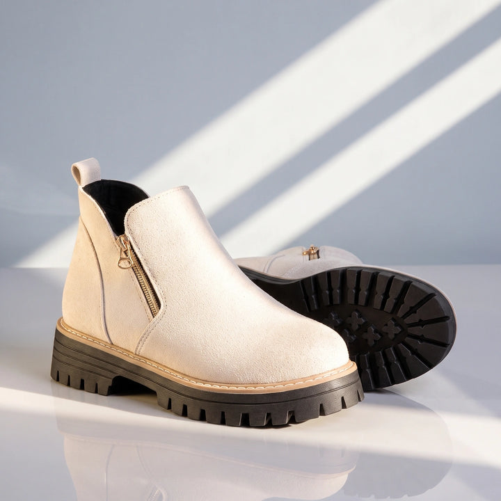 Margo Side Zip Lug Sole Ankle Boots - Cream
