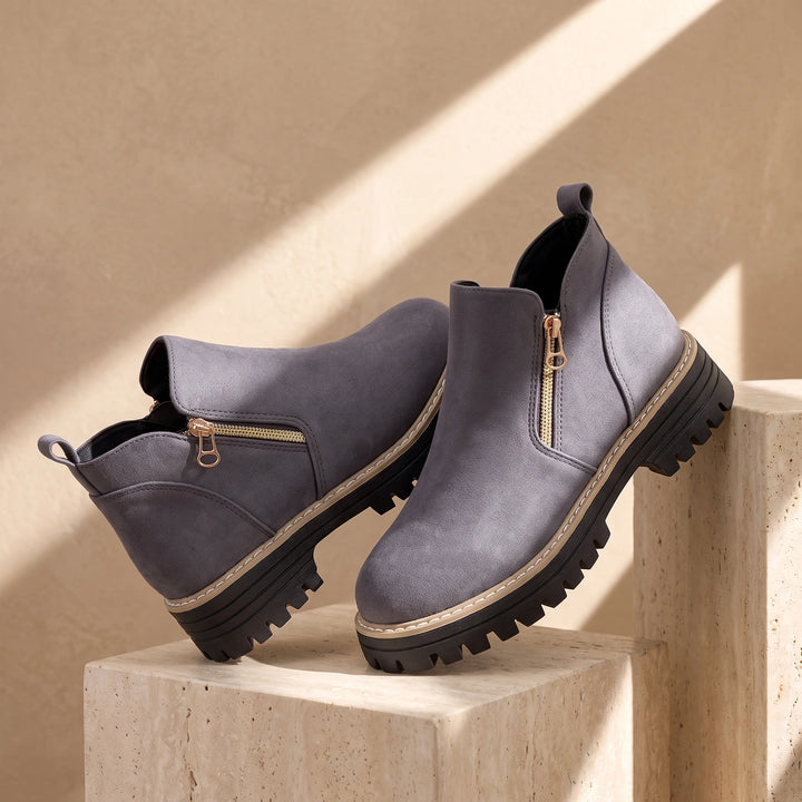 Margo Side Zip Lug Sole Ankle Boots - Gray