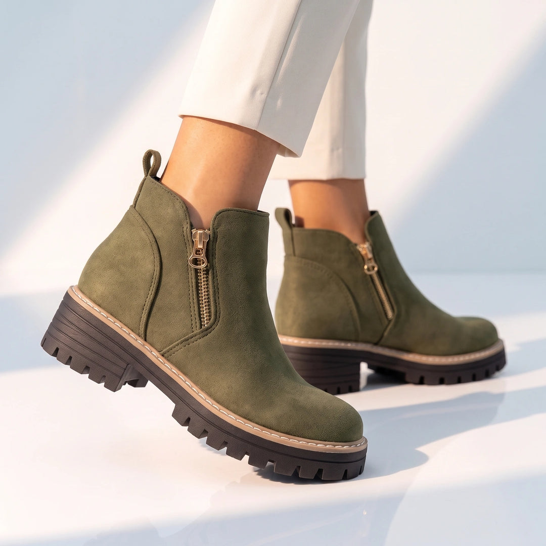 Margo Side Zip Lug Sole Ankle Boots - Green