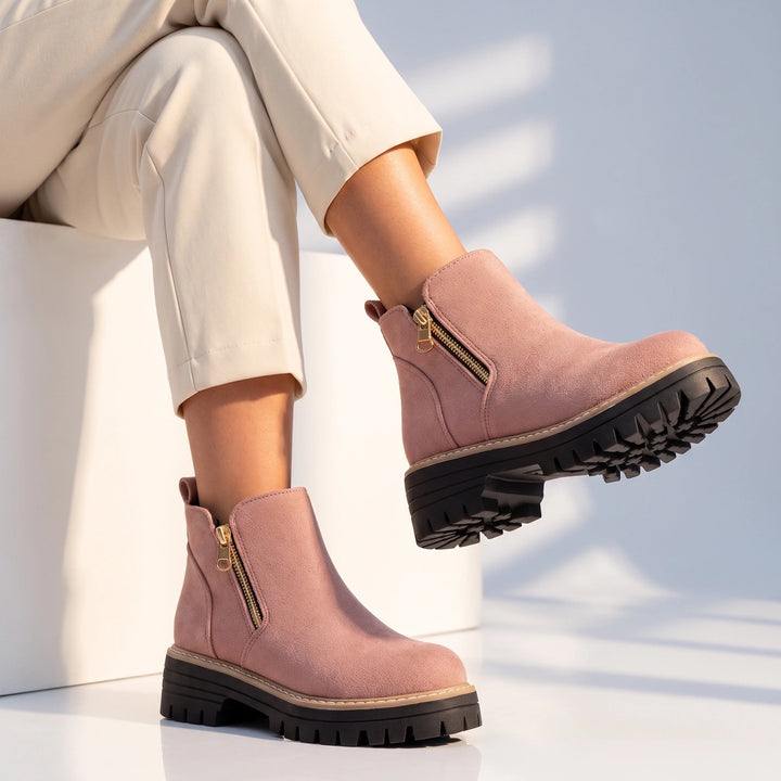 Margo Side Zip Lug Sole Ankle Boots - Pink