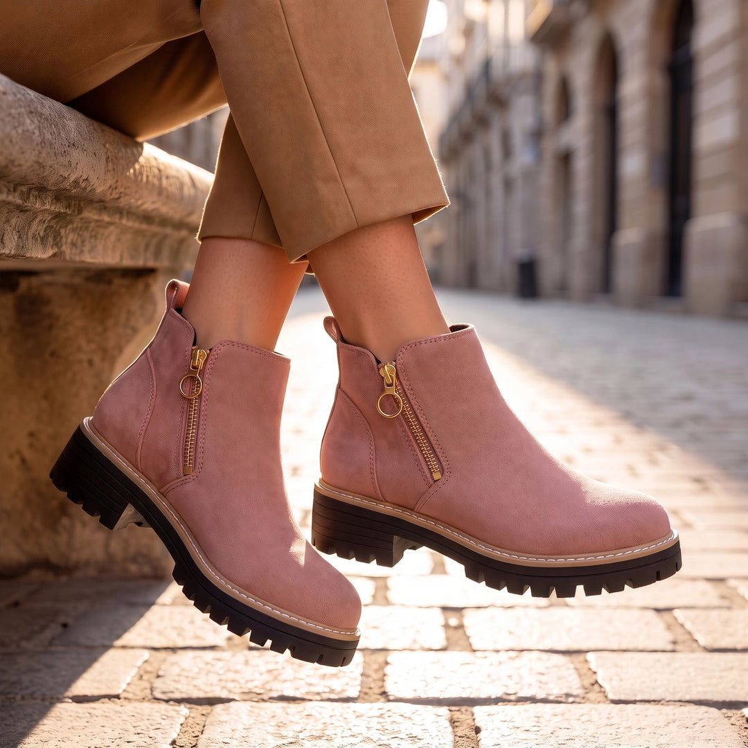 Margo Side Zip Lug Sole Ankle Boots - Pink