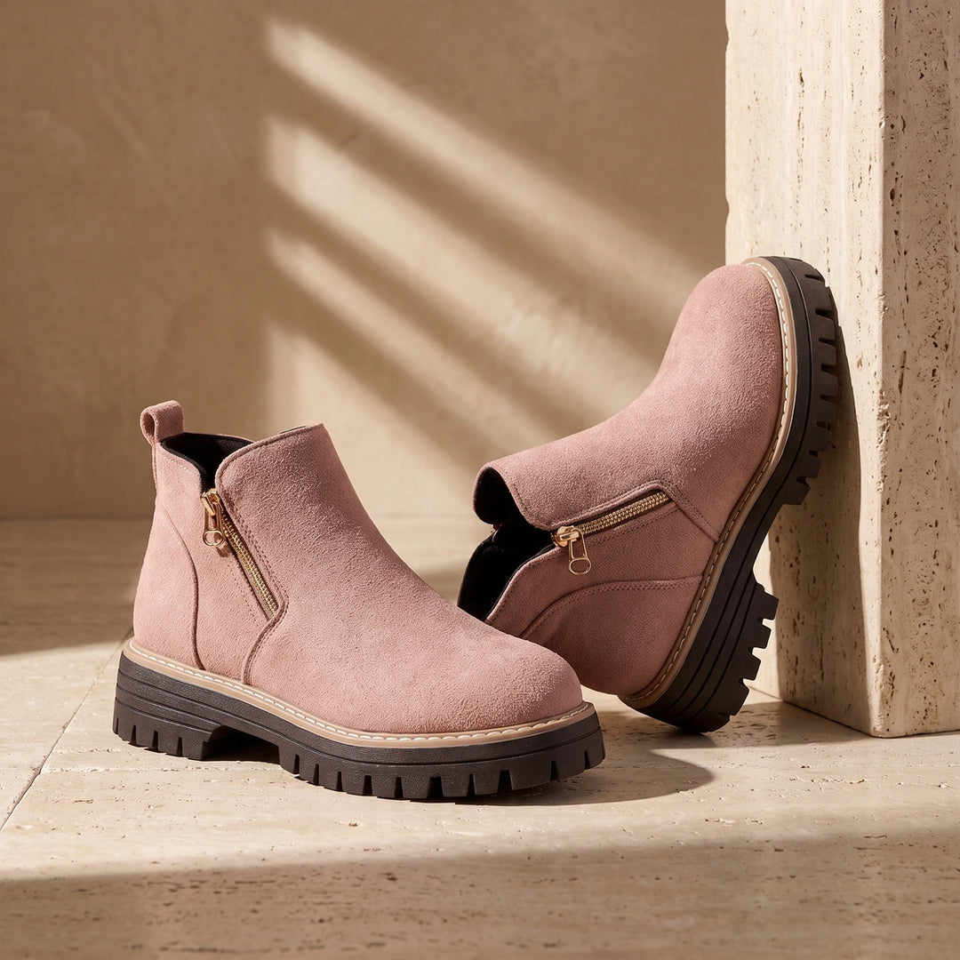 Margo Side Zip Lug Sole Ankle Boots - Pink