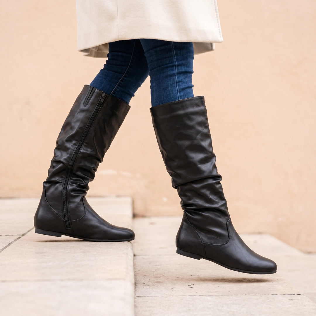 Mariana Slouchy Flat Mid Calf Boots - Black