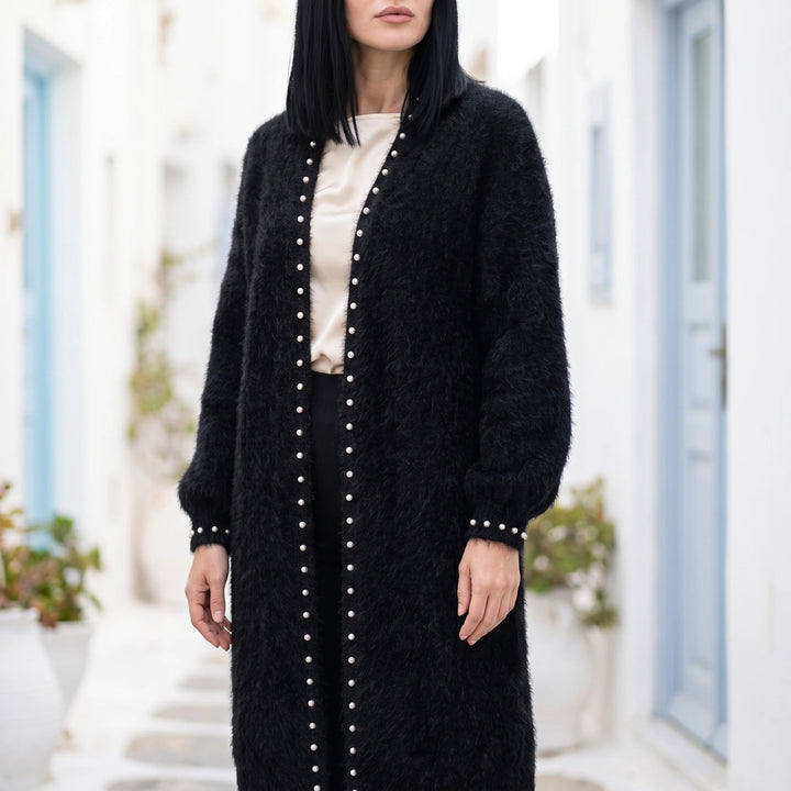 Marjolein Pearl Trim Longline Cardigan - Black