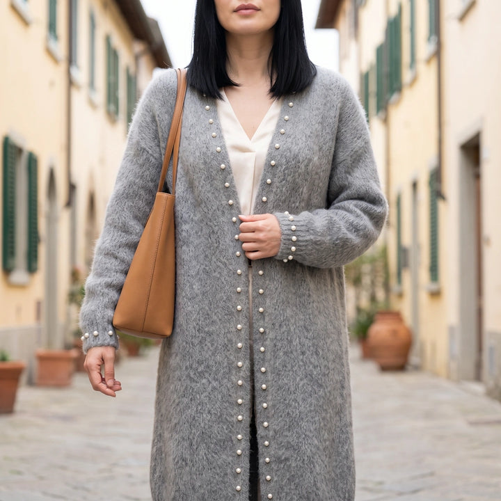 Marjolein Pearl Trim Longline Cardigan - Gray