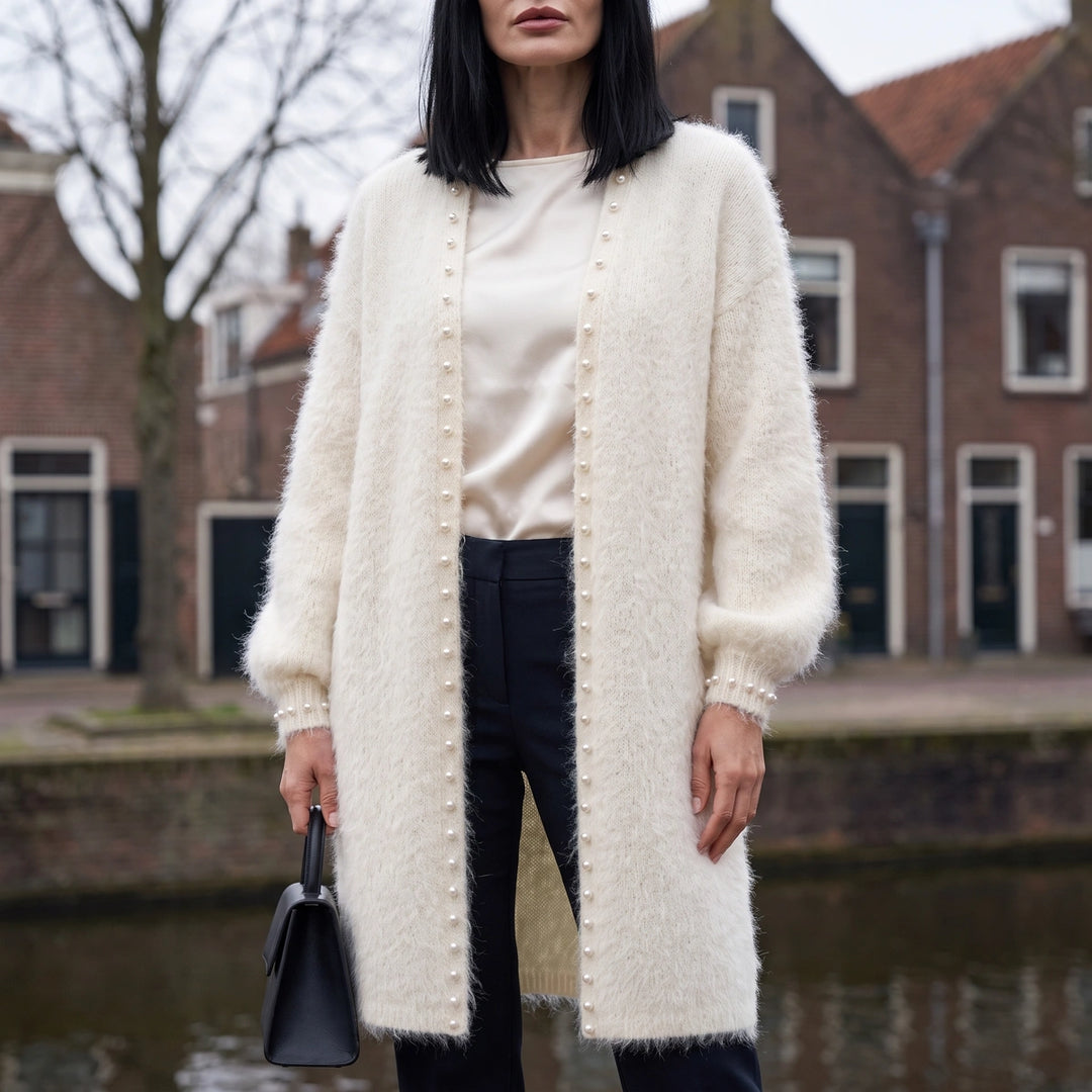 Marjolein Pearl Trim Longline Cardigan - White