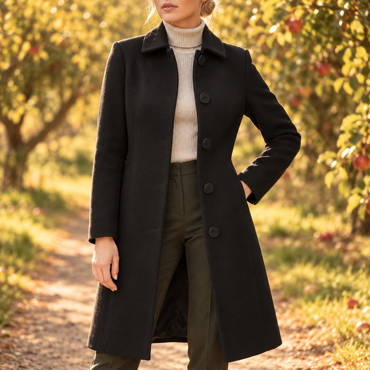 Meredith Covered Button Fit and Flare Coat - Black
