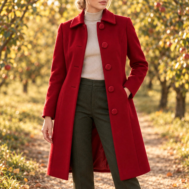 Meredith Covered Button Fit and Flare Coat - Dark Red