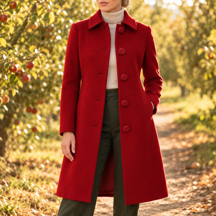Meredith Covered Button Fit and Flare Coat - Dark Red