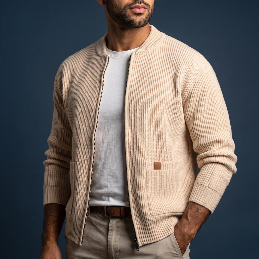 Merrick Ribbed Knit Zip Cardigan - Beige