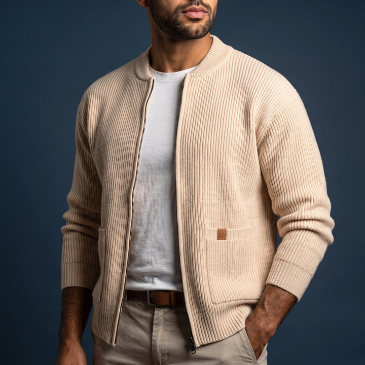 Merrick Ribbed Knit Zip Cardigan - Beige