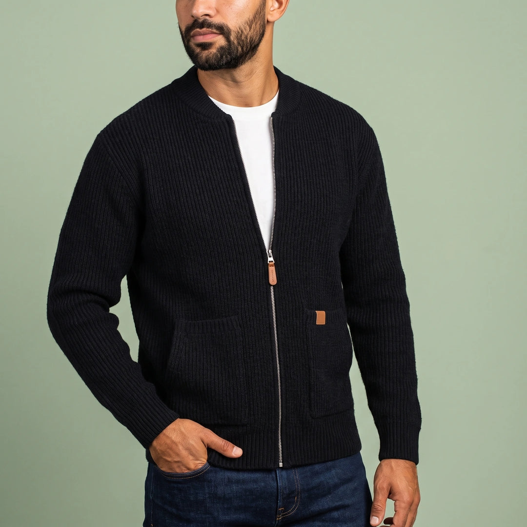 Merrick Ribbed Knit Zip Cardigan - Black