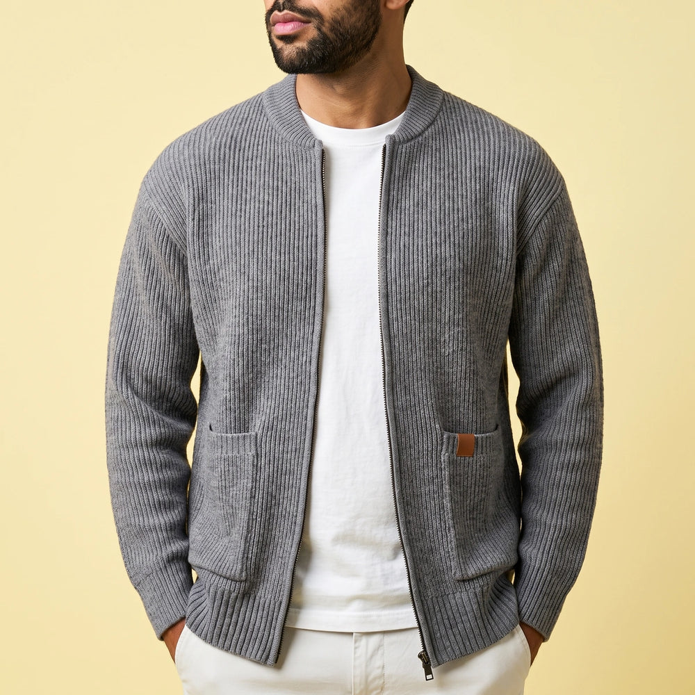 Merrick Ribbed Knit Zip Cardigan - Gray
