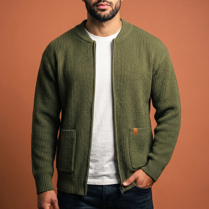 Merrick Ribbed Knit Zip Cardigan - Olive
