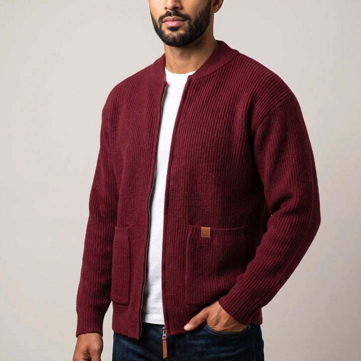 Merrick Ribbed Knit Zip Cardigan - Wine
